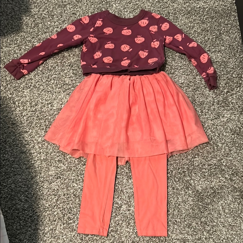 4T toddler girl matching tutu skirt legging and top, apple print